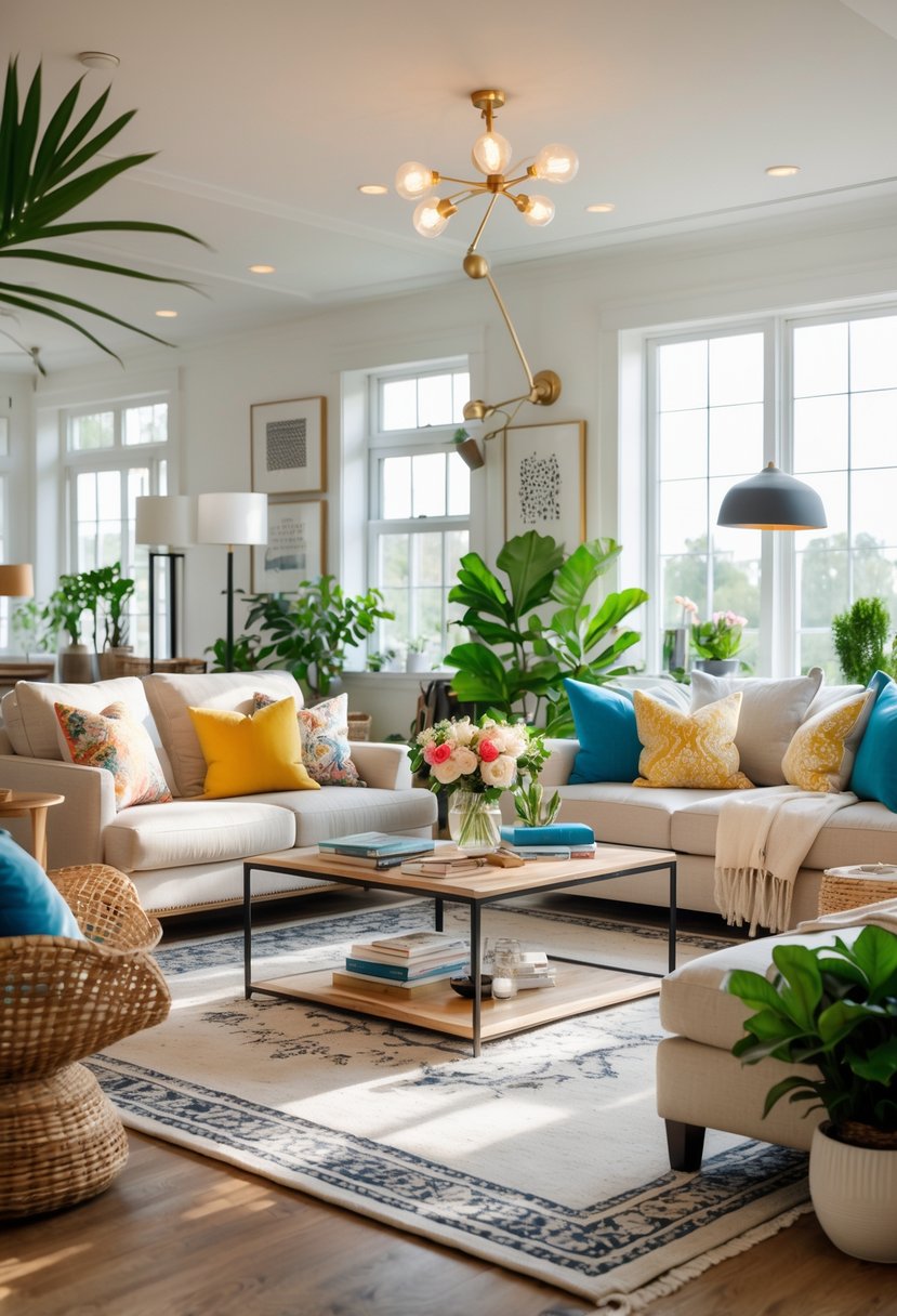 A bright and spacious living room with a sofa, coffee table, plants, and large windows letting in natural light.