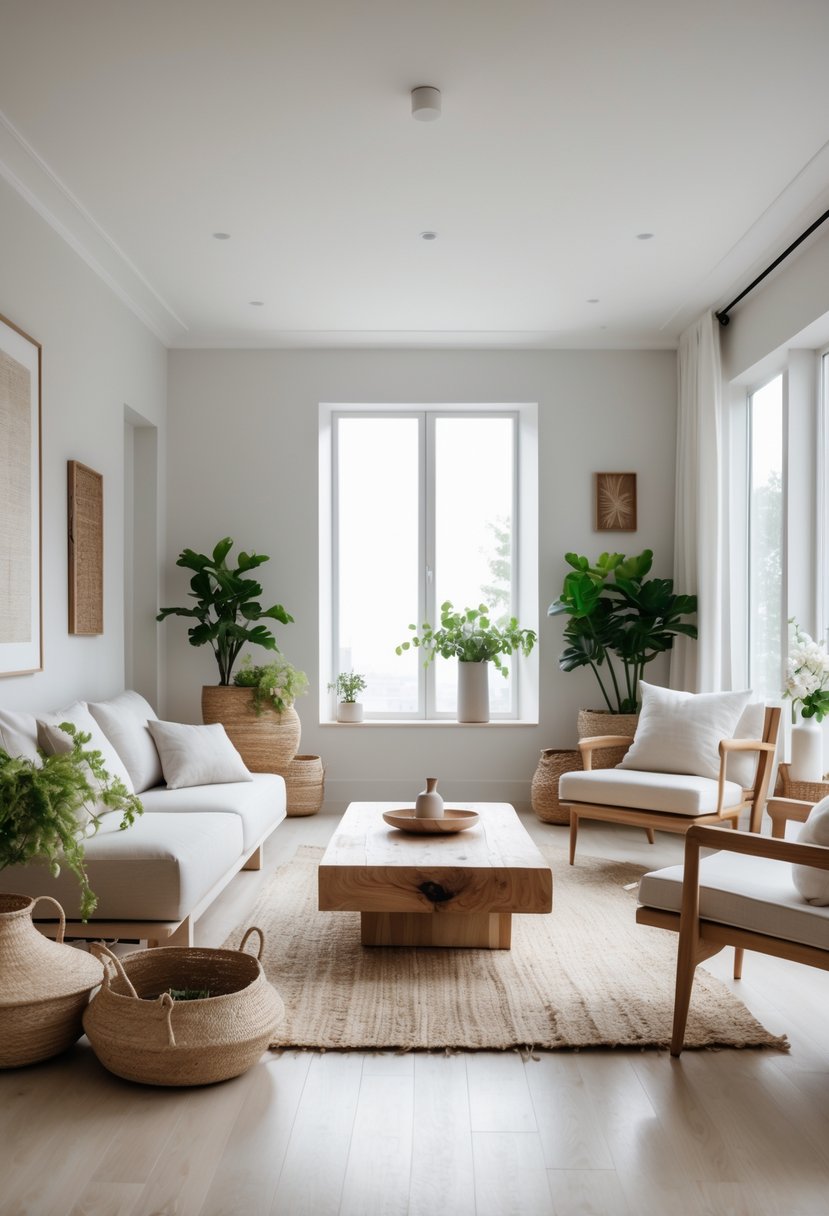A bright living room with a sofa, wooden coffee table, armchair, plants, and natural decor elements.