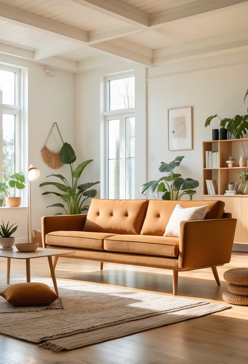 A bright living room with a sleek sofa, coffee table, area rug, and decorative plants arranged in a cozy and inviting setting.