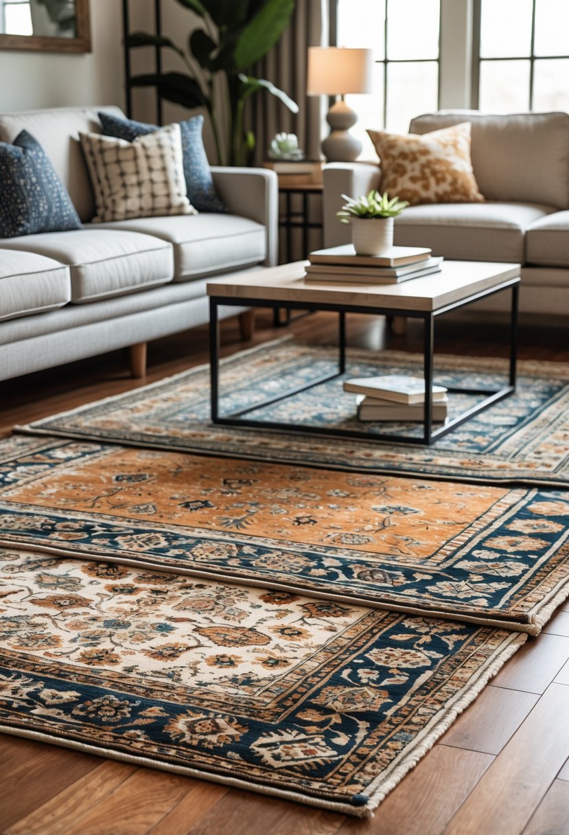 A living room with layered patterned rugs, a sofa, coffee table, and natural light coming through windows.