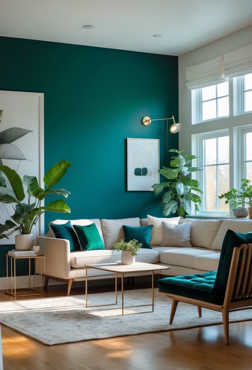 A living room with a bold deep green accent wall, a sofa, coffee table, plants, and natural light from large windows.