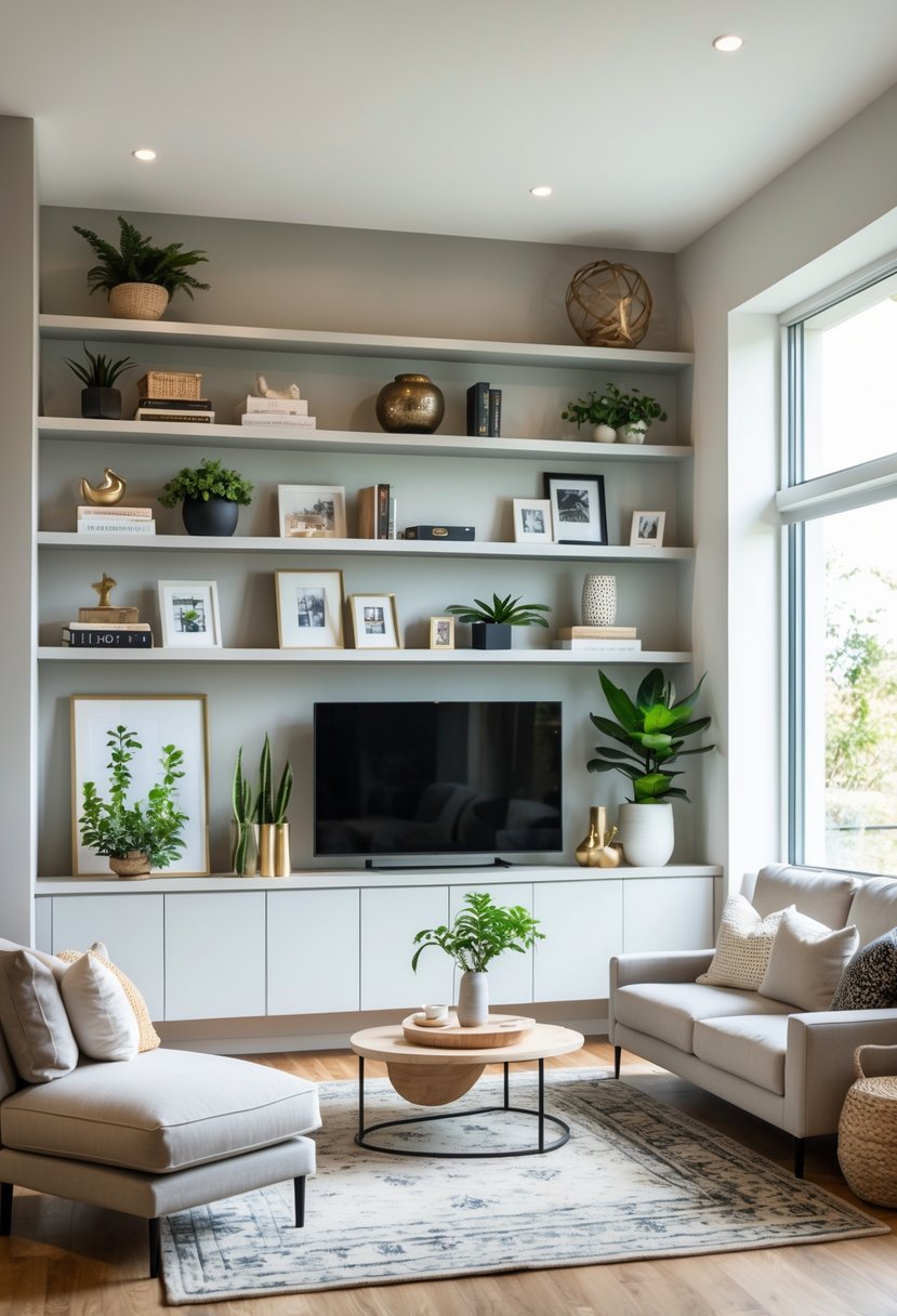 A bright living room with built-in shelves filled with books and decorative items, comfortable seating, and natural light coming through large windows.