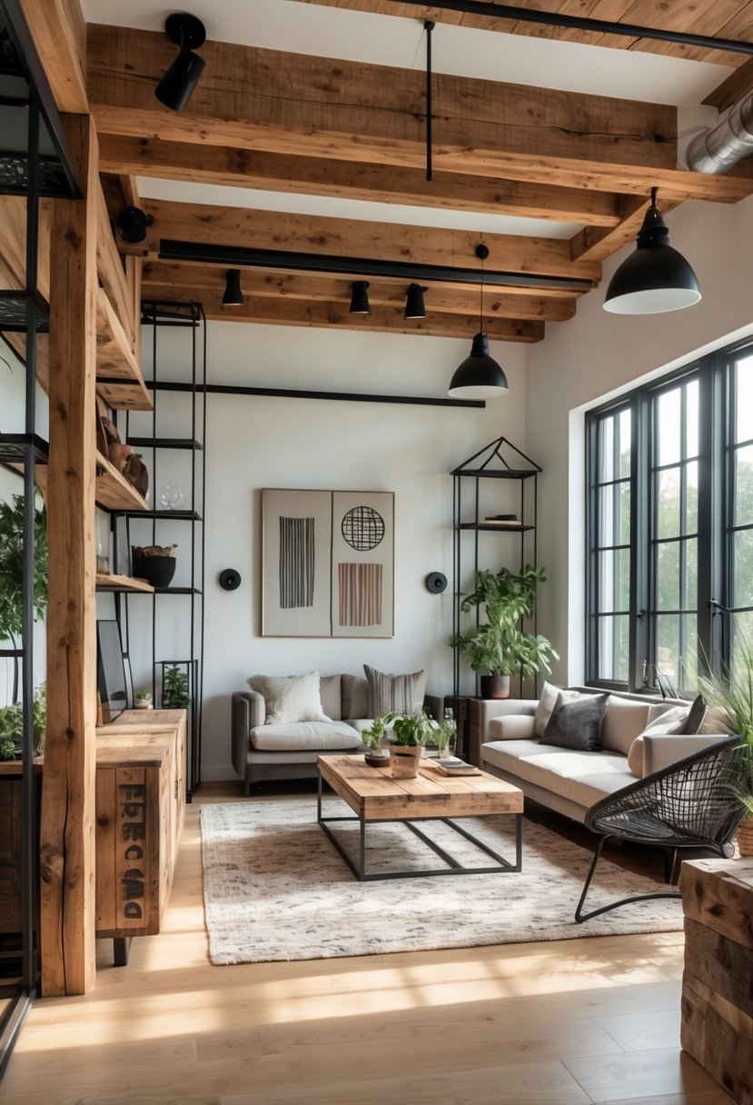 A living room with wooden furniture, metal light fixtures, a sofa, and large windows letting in natural light.