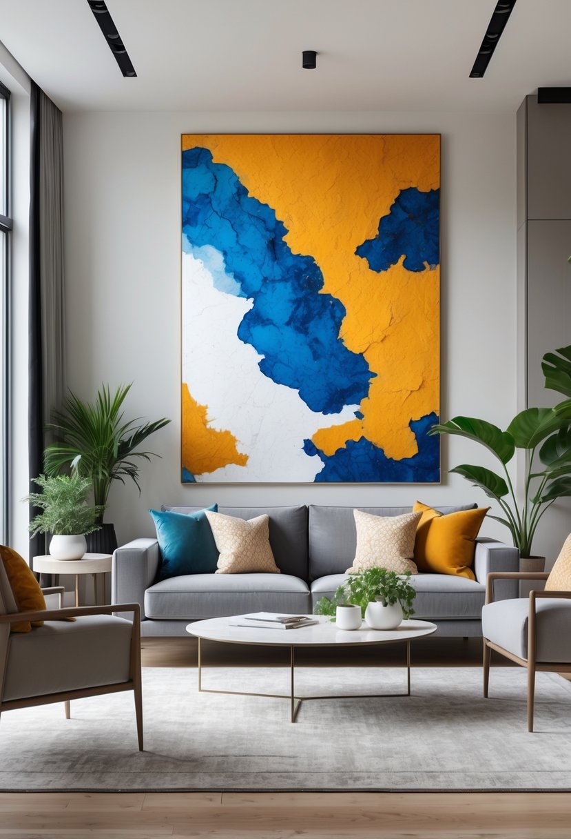 A living room with a large colorful artwork above a sofa, natural light, modern furniture, and plants.