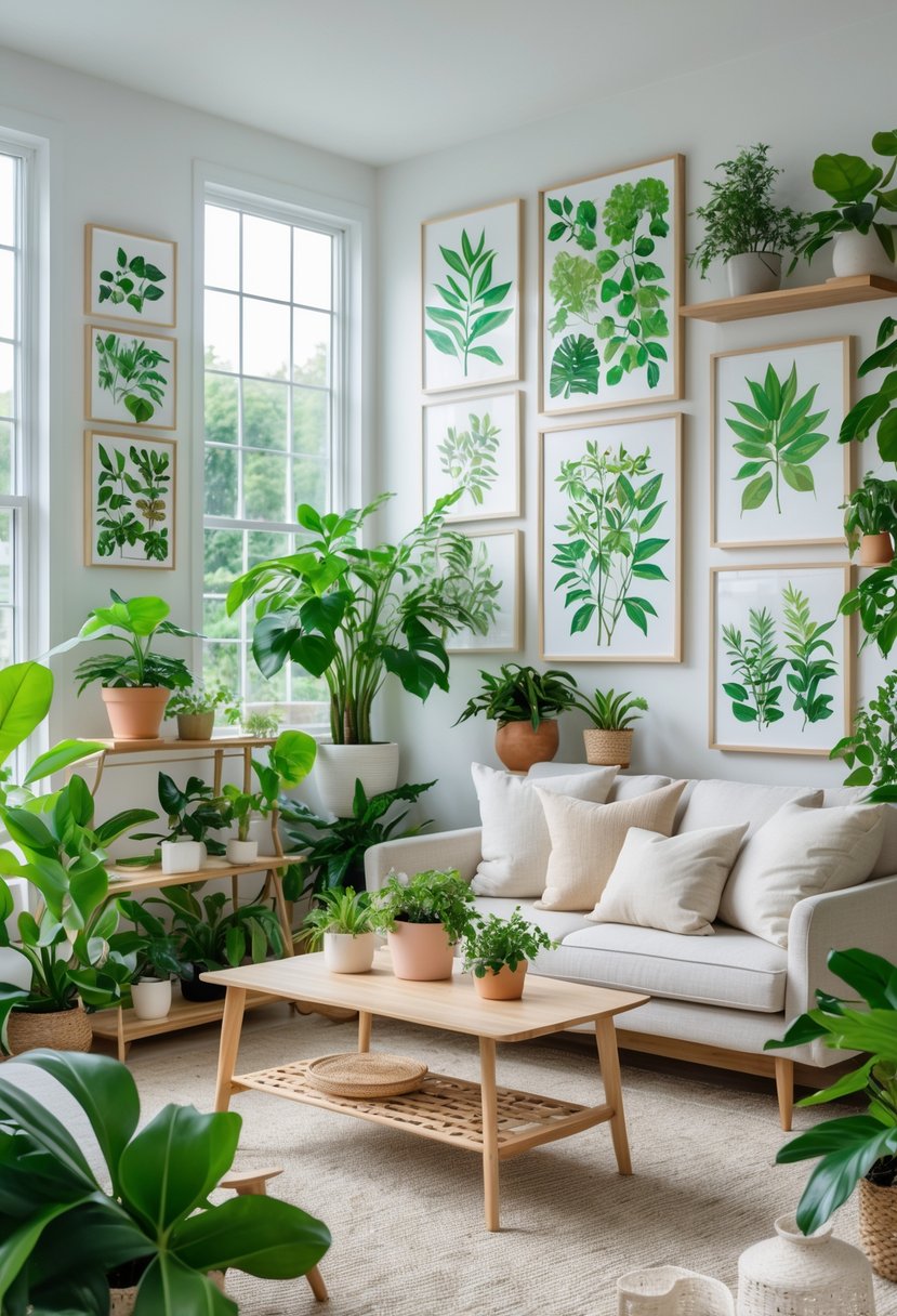 A bright living room with botanical prints on the walls and various houseplants arranged around the space, illuminated by natural light.