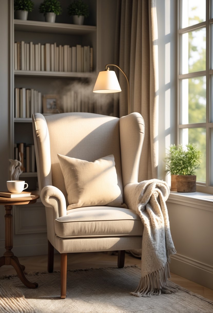 A cozy reading nook with a wingback chair, a side table with books and a cup, near a window with natural light.