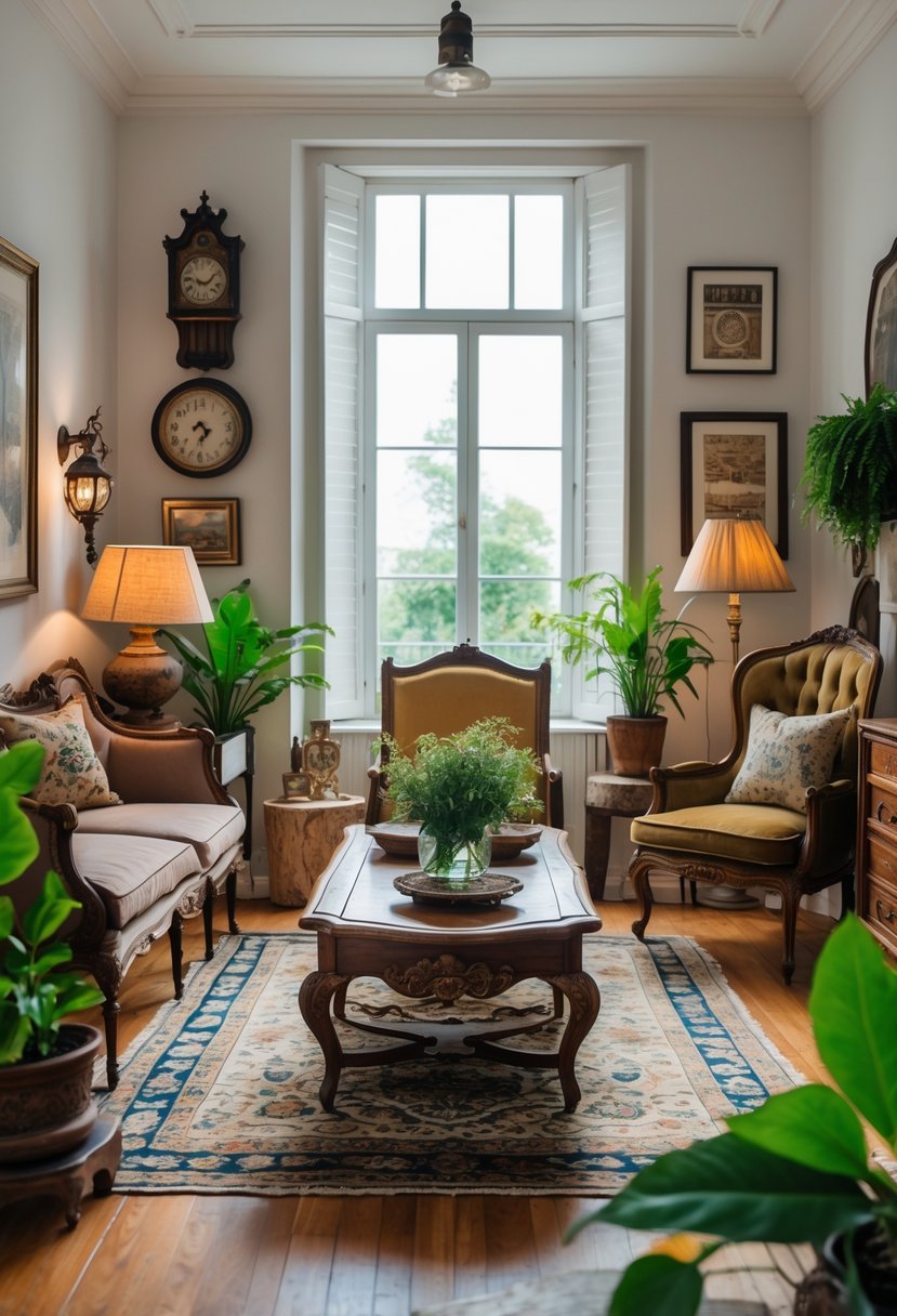 A bright living room with a seating area, wooden coffee table, armchair, decorative items, and plants.