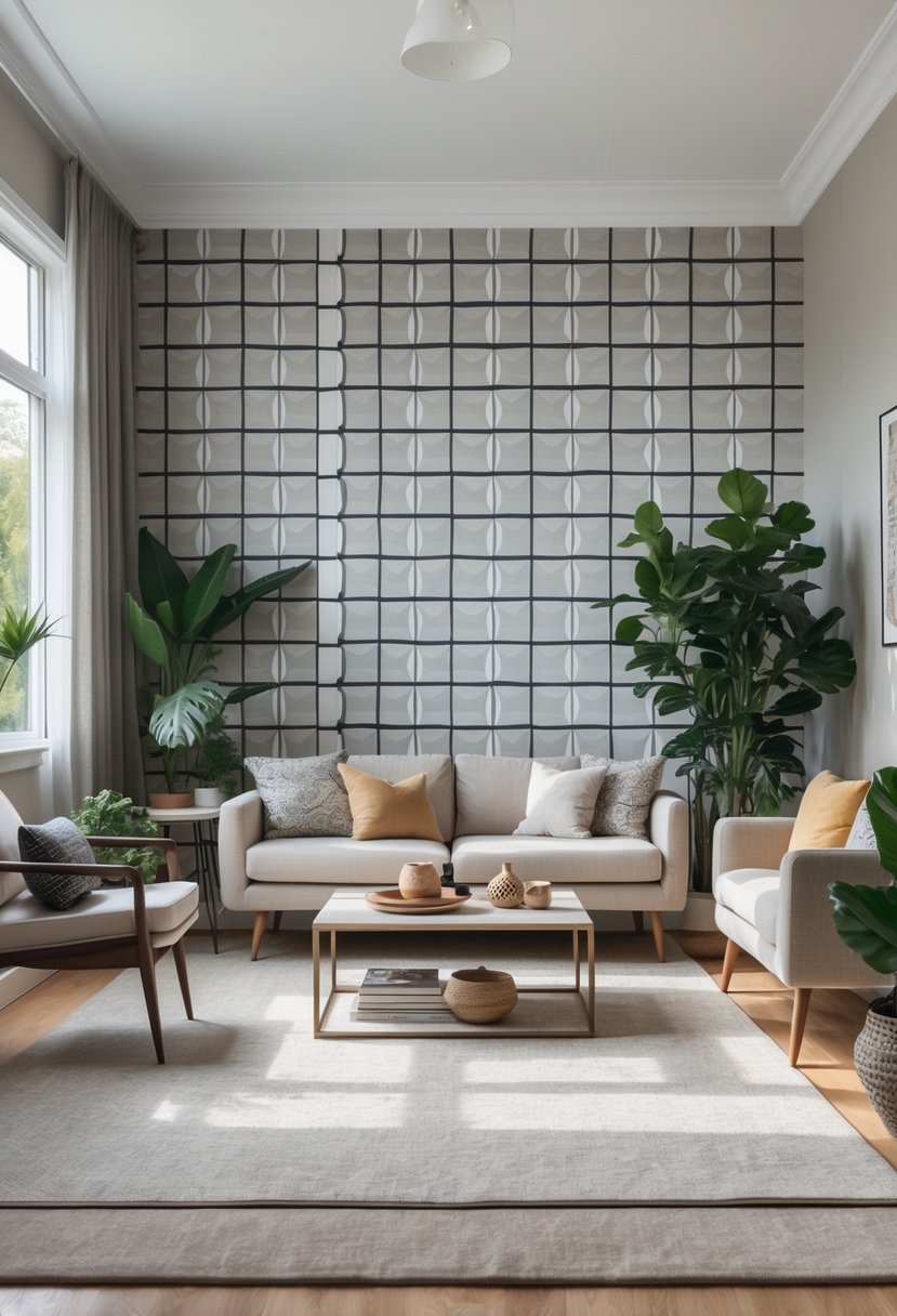 A bright living room with a sofa, coffee table, plants, and geometric patterned wallpaper on the wall.