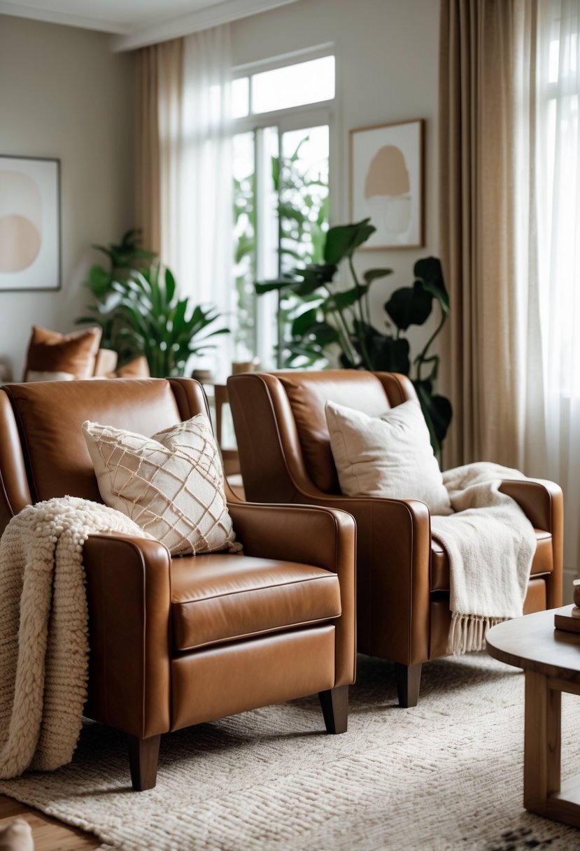 A living room with two brown leather armchairs and soft cushions, a wooden coffee table, indoor plants, and natural light coming through curtains.