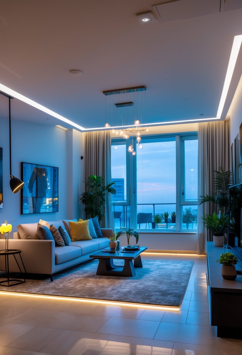 A living room with a sofa, coffee table, plants, and adjustable lighting creating a warm and inviting atmosphere.