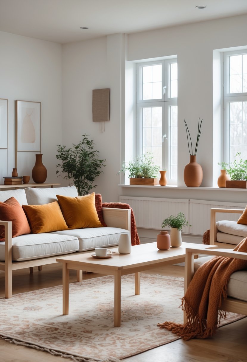 A bright living room with a sofa, coffee table, warm cushions, a rug, and plants near large windows.