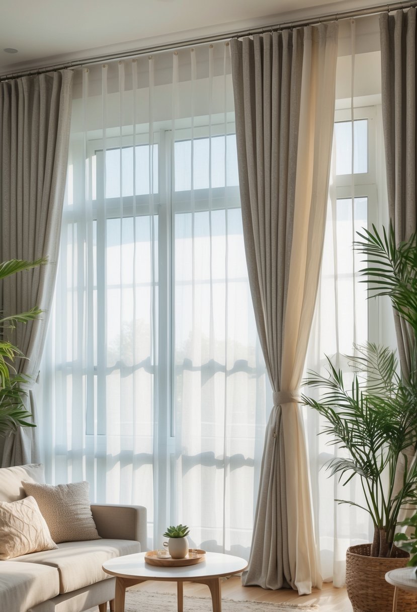 Living room with a large window featuring layered curtains and comfortable furniture arranged around it.