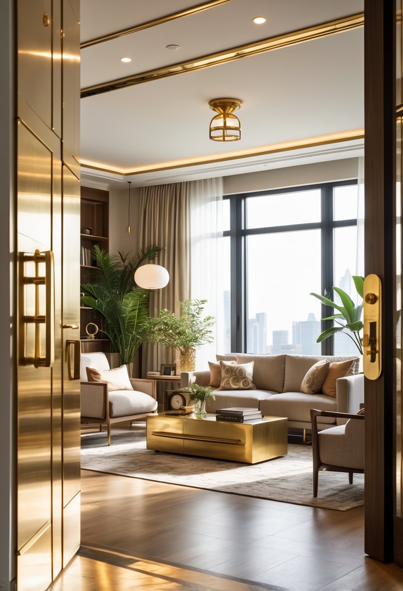 A bright living room with comfortable seating and brass or gold hardware accents on furniture and fixtures.