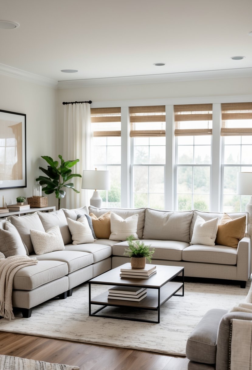 A bright living room with a large sectional sofa and a coffee table in front.