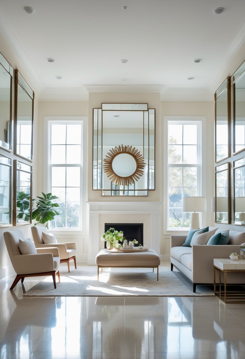 A bright living room with decorative mirrors on the walls reflecting light and making the space appear larger.