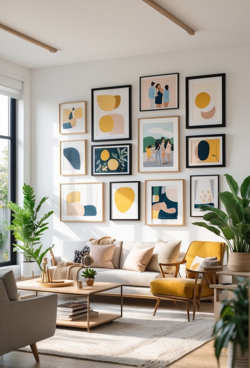A bright living room with a gallery wall displaying various framed artworks above a sofa, surrounded by comfortable furniture and plants.