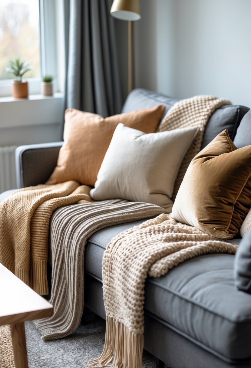 A cozy living room corner with a sofa decorated with various textured throws and cushions, softly lit by natural light.