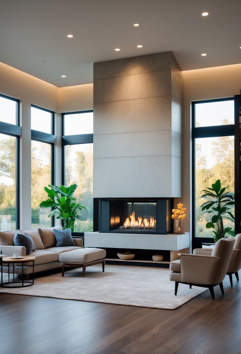 A living room with a modern fireplace at its center, surrounded by seating and natural light coming through large windows.