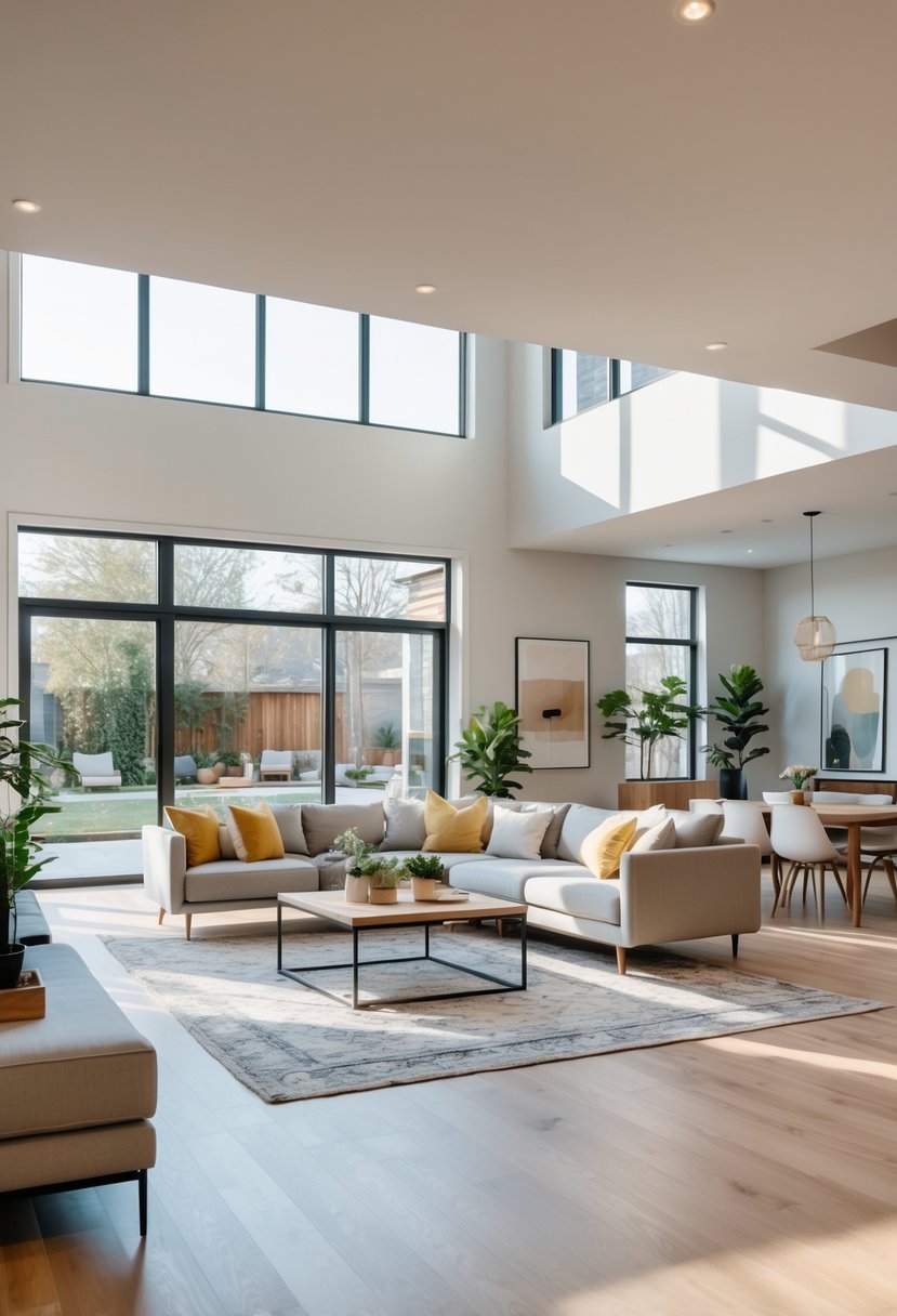 A bright and spacious living room with comfortable seating and large windows letting in natural light.