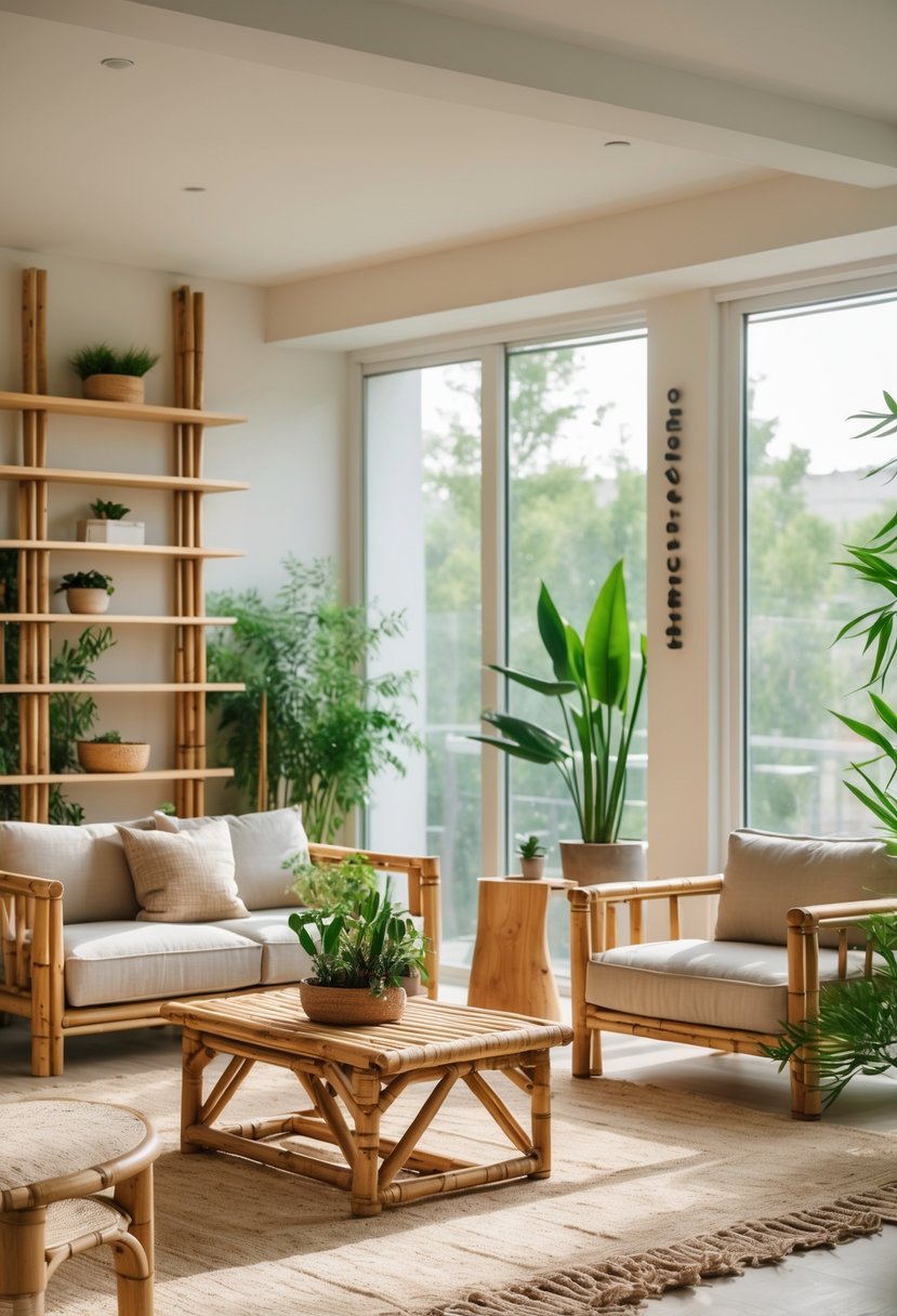 A bright living room with furniture made from bamboo and recycled wood, decorated with green plants and natural light.