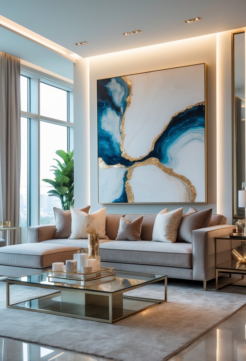 A luxury living room with a large abstract painting on the wall, a velvet sofa, glass coffee table, and bright natural light.