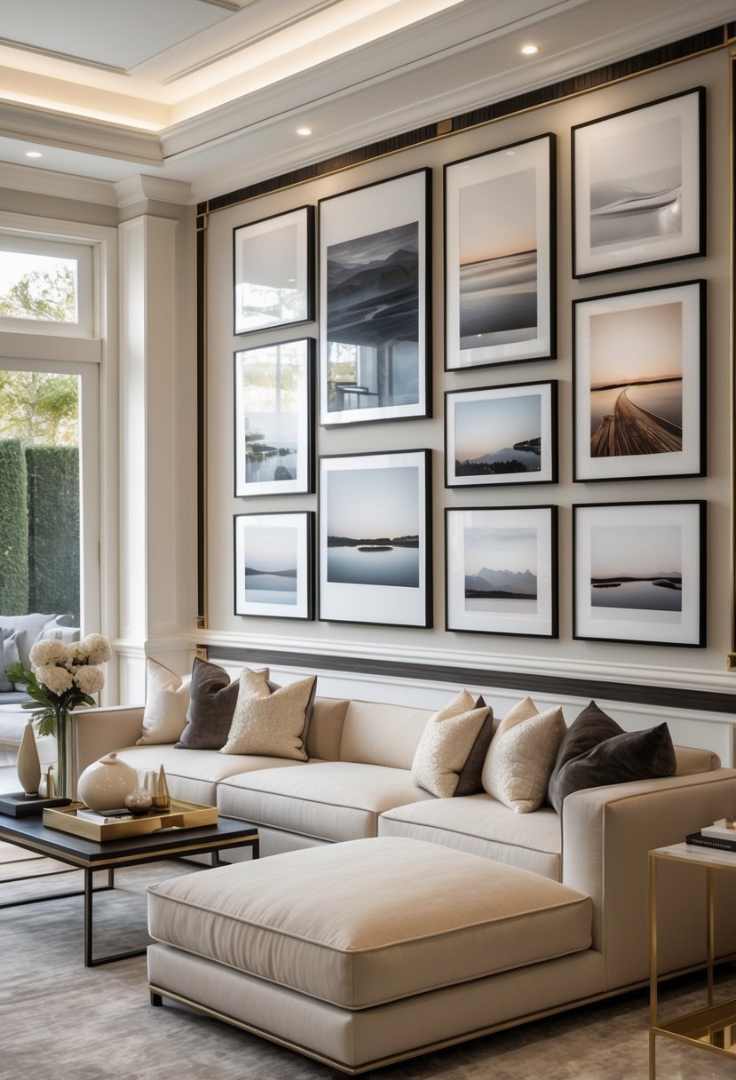 A living room with a gallery wall of framed photographs above a sofa, a coffee table, and large windows letting in natural light.