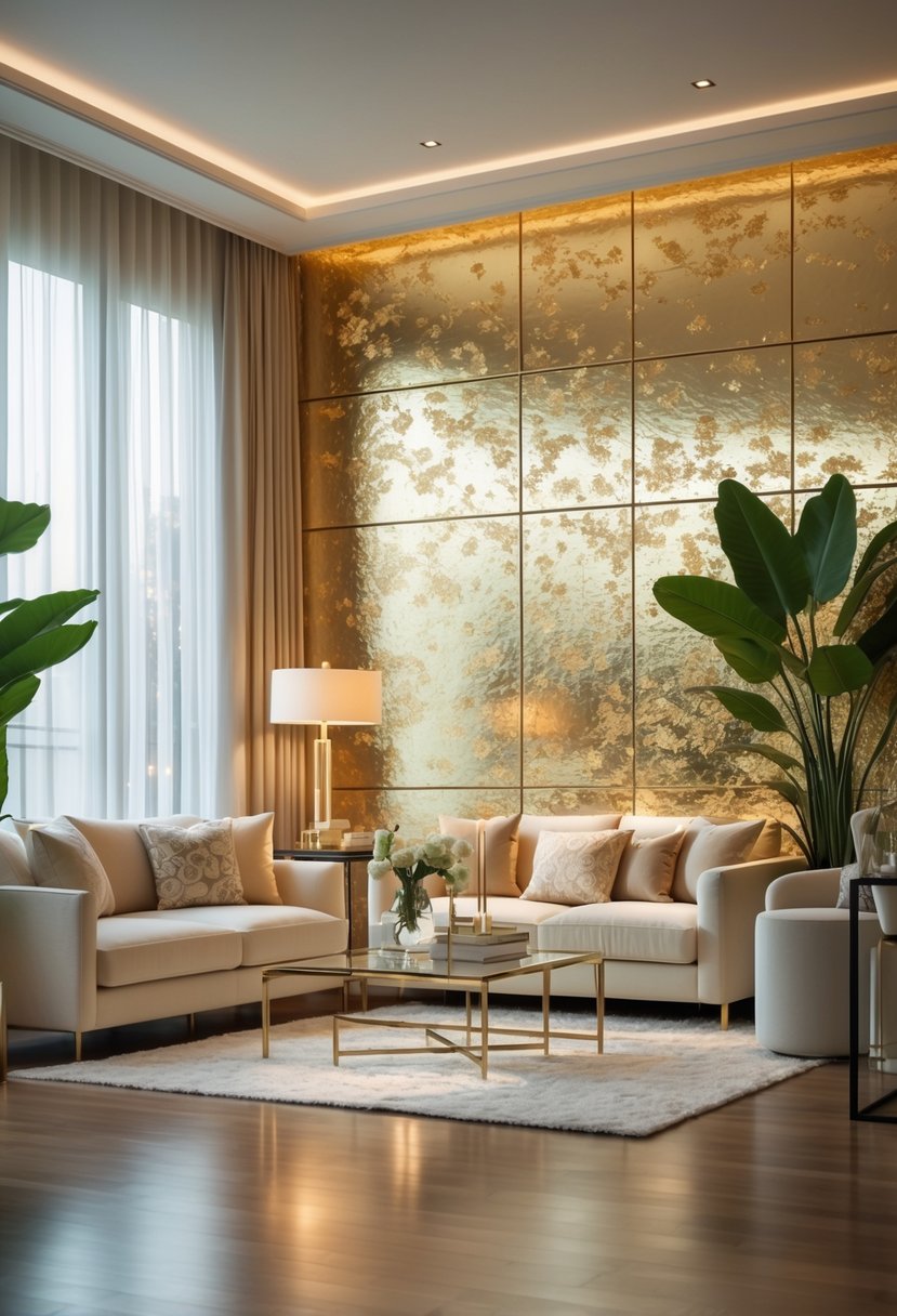 A spacious living room with a gold leaf accent wall, a cream sofa, glass coffee table, and indoor plants.