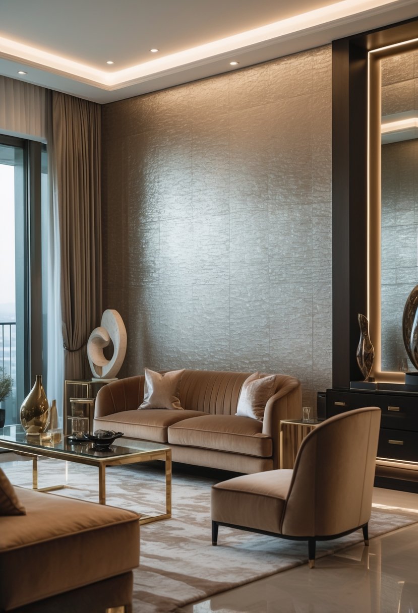 A living room with textured metallic wallpaper, a velvet sofa, a glass coffee table, decorative vases, and natural light coming through large windows.