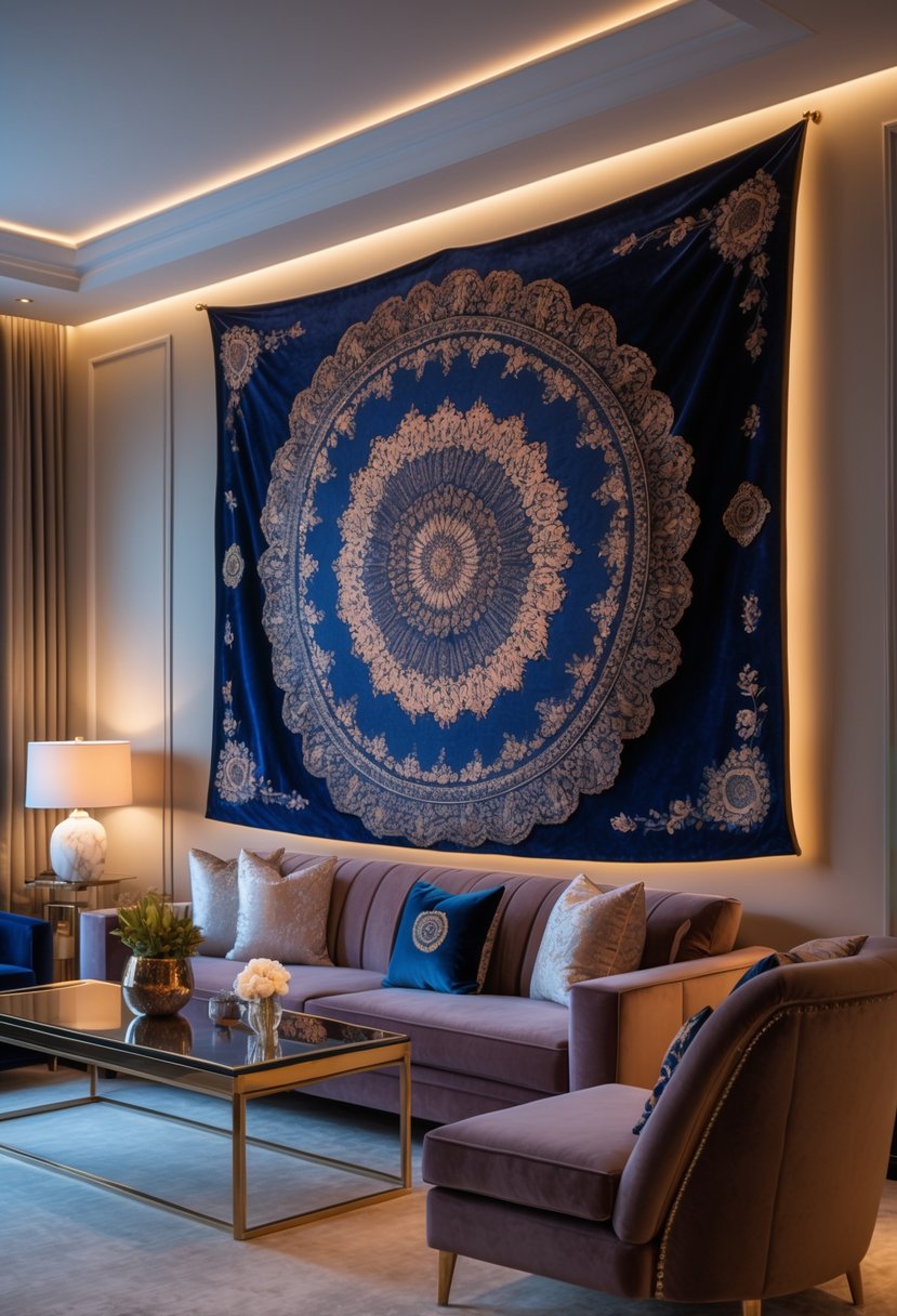 A living room with a velvet tapestry hanging on the wall above a velvet sofa and a coffee table.
