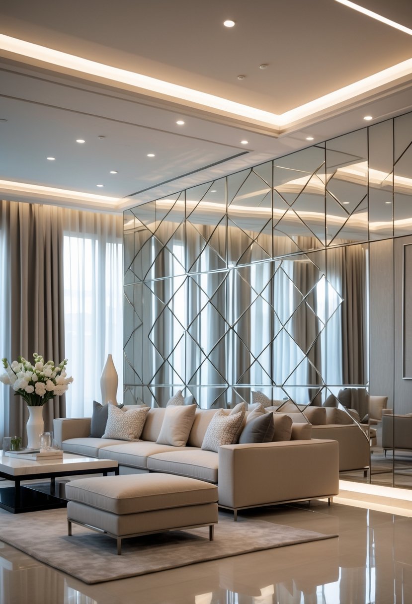 A living room with a large mirrored geometric wall art above a sofa, featuring a coffee table and decorative items.