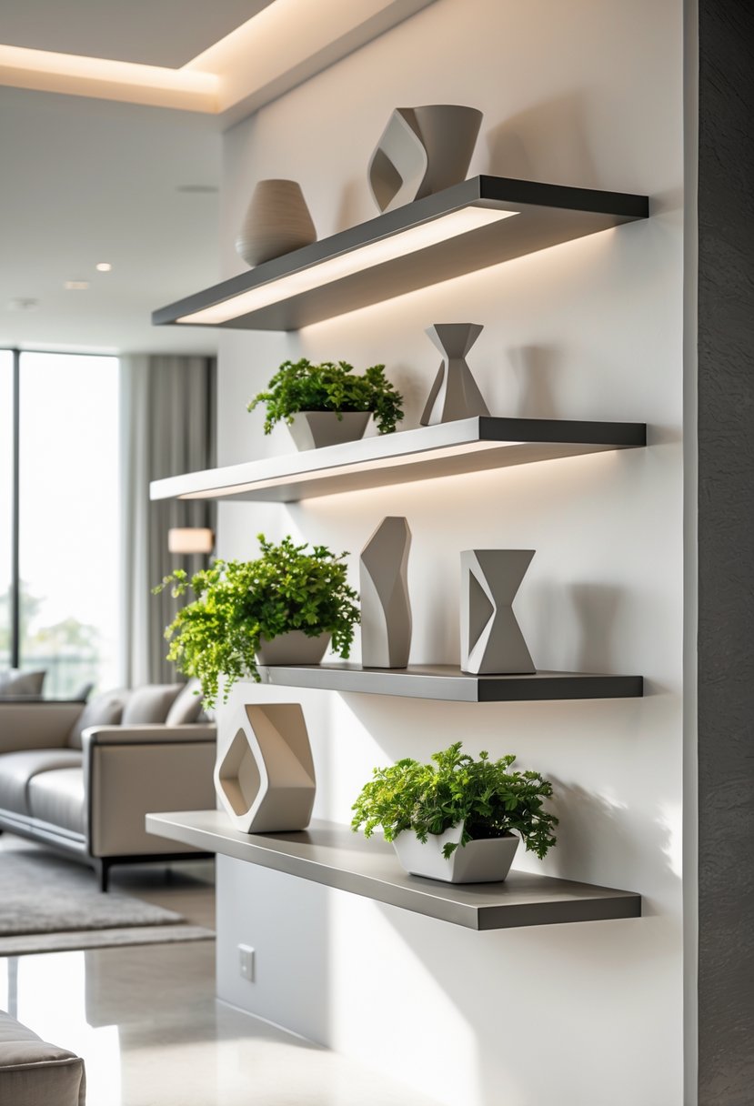 A living room wall with floating shelves holding decorative sculptures and plants.
