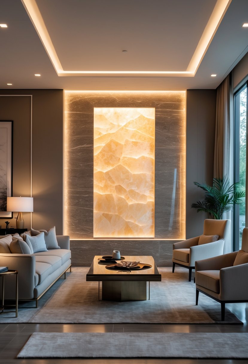 A living room with a glowing backlit onyx wall insert, elegant furniture, and large windows letting in natural light.