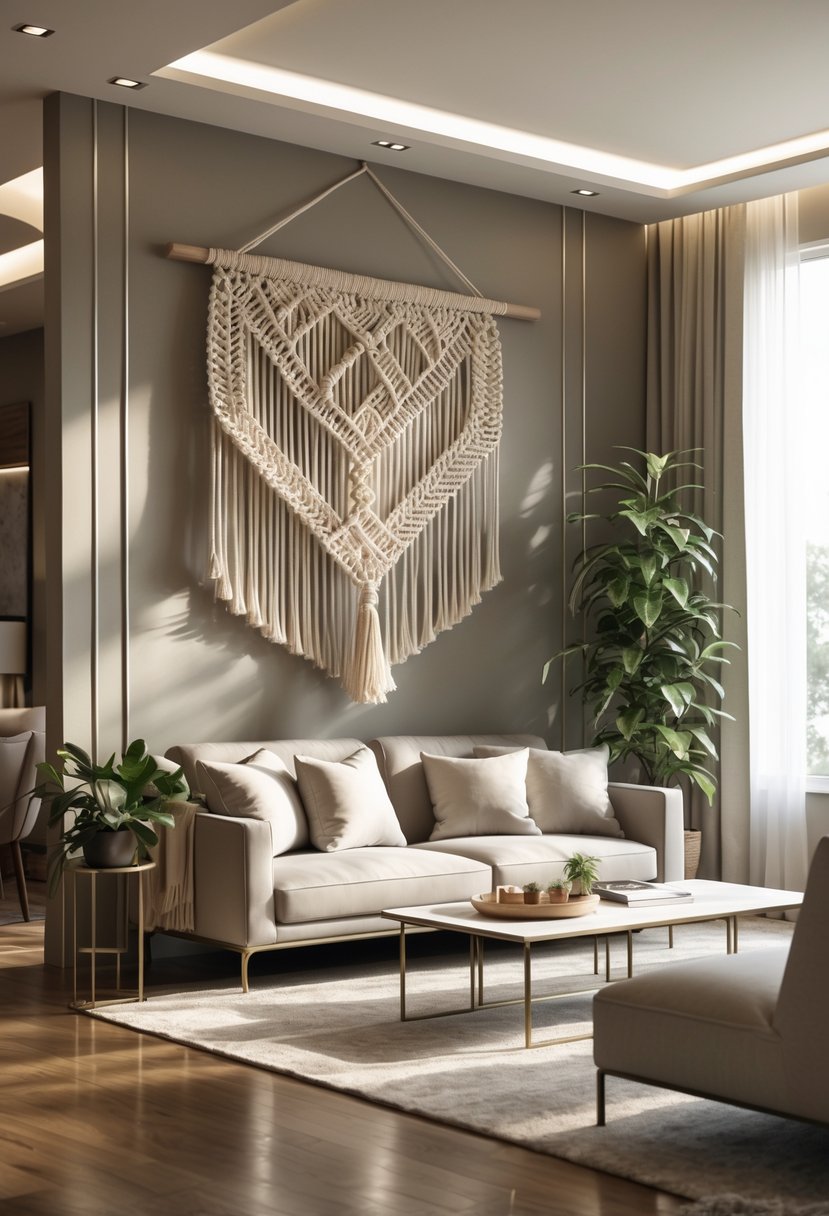 Living room with a sofa and a large handcrafted macramé wall hanging above it, with natural light coming through windows.