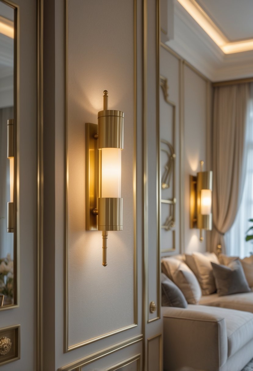 Living room wall with two brass sconces emitting soft light above a plush seating area.