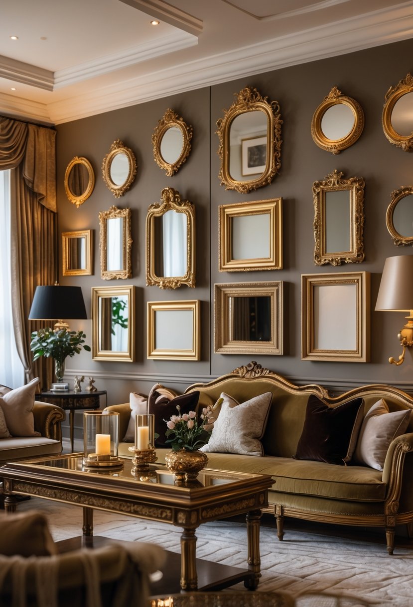 A luxurious living room with multiple ornate gold wooden frames on the walls, elegant furniture, and warm lighting.