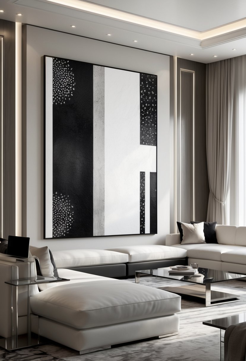 A luxurious living room with a large black and white wall print above a modern sofa and a glass coffee table.
