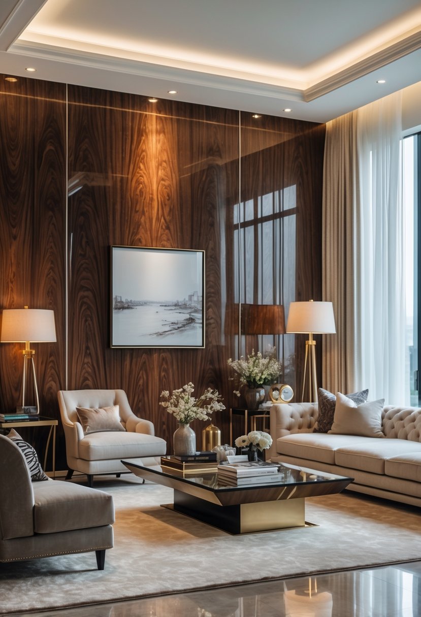 A living room with a wall covered in dark wood panels, furnished with a sofa, coffee table, and decorative items.