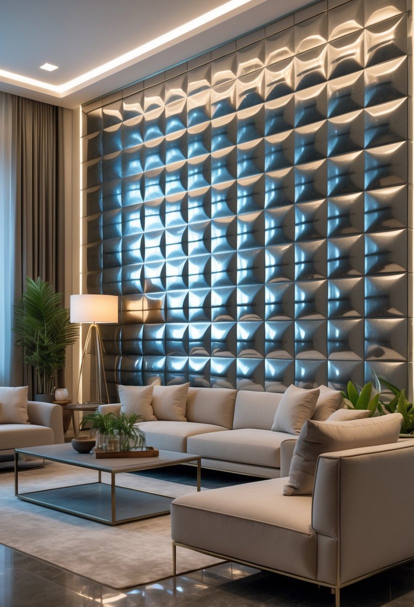 A modern living room with a textured metallic wall and comfortable seating.