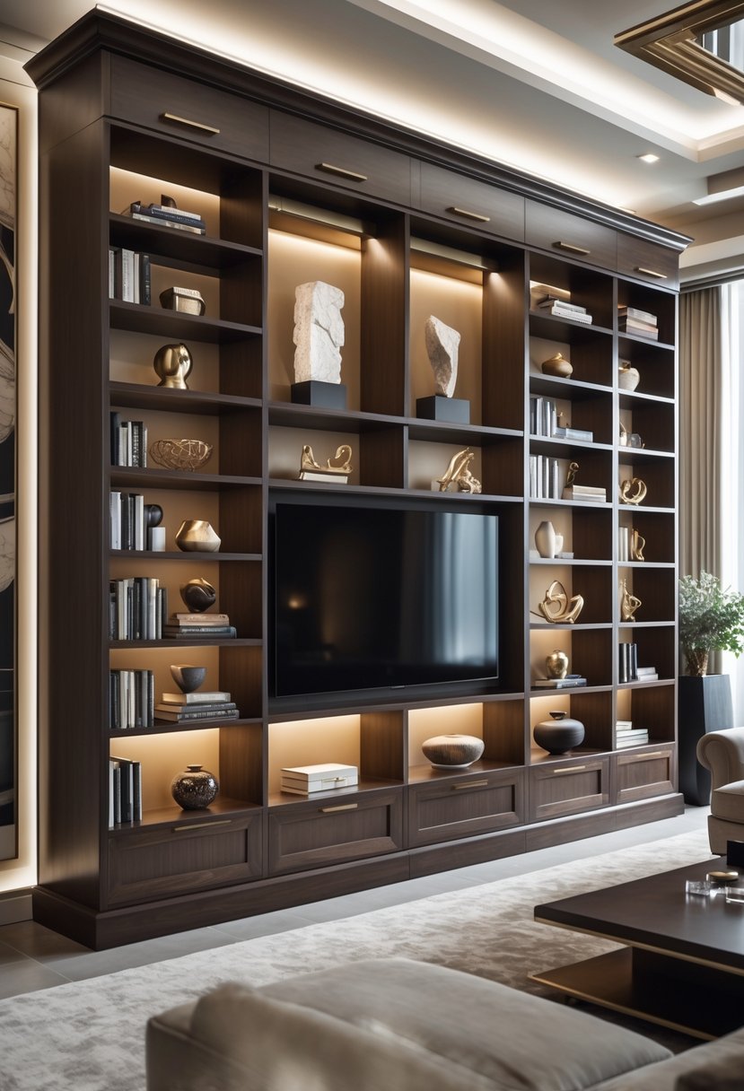 A living room with a large floor-to-ceiling bookcase featuring shelves of books and decorative art niches, alongside a sofa and coffee table.