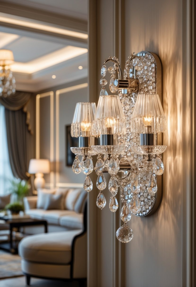 A crystal chandelier wall sconce mounted on a wall in a living room with elegant furniture and warm lighting.