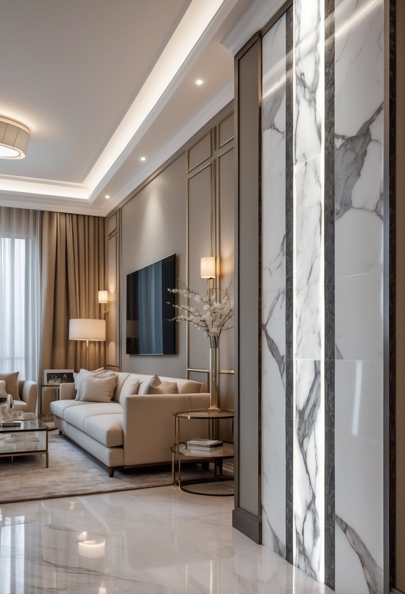 Luxury living room interior with a marble inlay wall border, neutral furniture, and soft lighting.