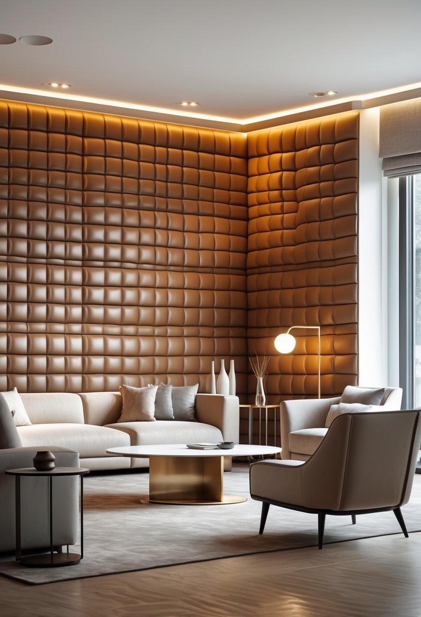 A living room with deep tufted leather wall panels, plush sofas, a coffee table, and modern lighting creating a warm and inviting space.