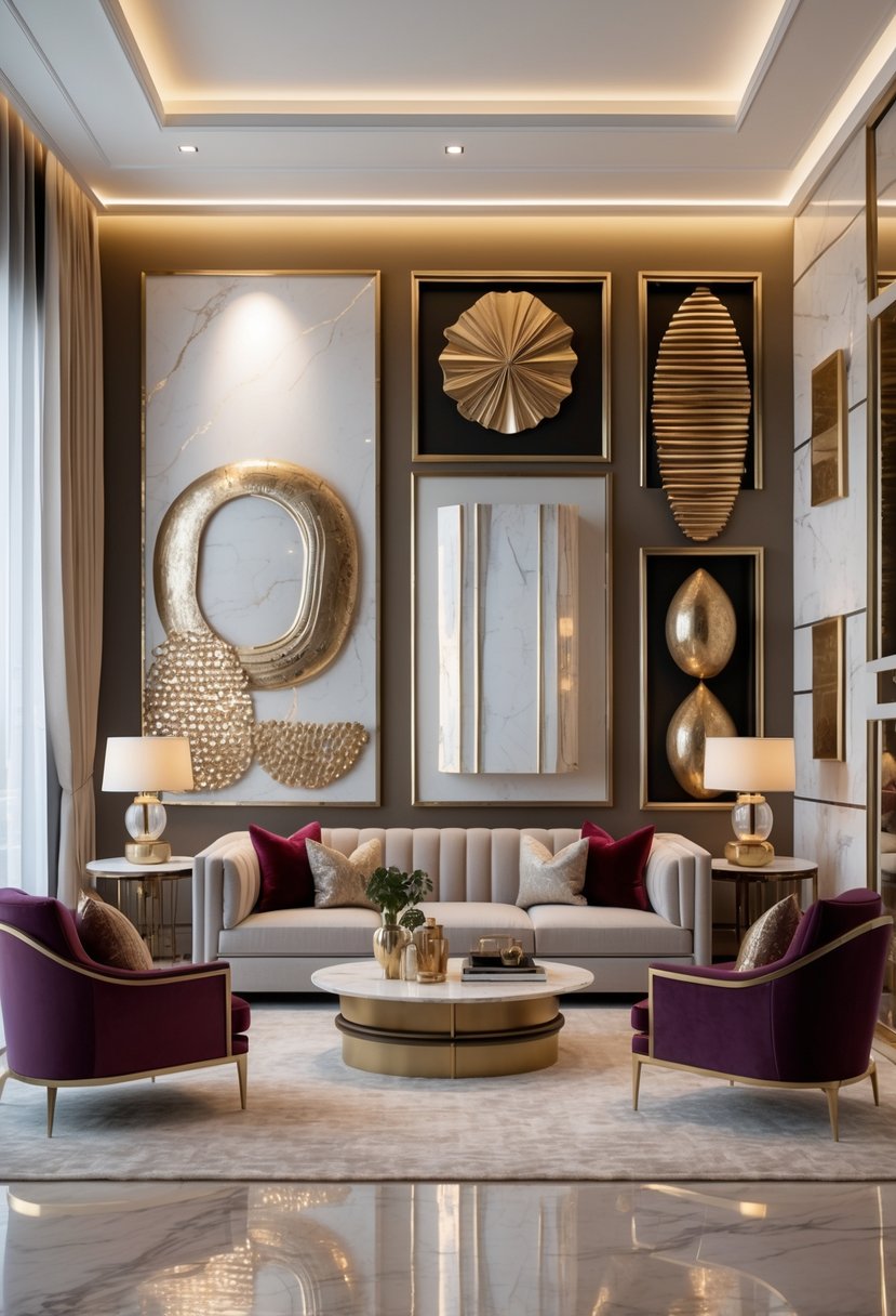A spacious living room with elegant wall decorations, comfortable seating, and natural light coming through large windows.