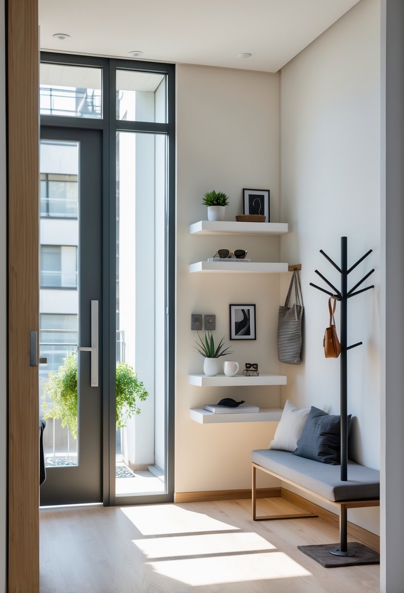 Apartment entrance with floating shelves holding everyday items like keys and sunglasses, a coat rack, and a small bench.