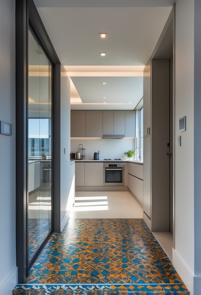 Apartment kitchen entrance with patterned mosaic tiles on the floor separating the kitchen area from the adjacent room.