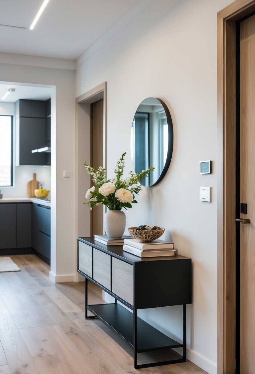 Entryway of an apartment with a compact console table decorated with flowers and a bowl, with a kitchen visible in the background.