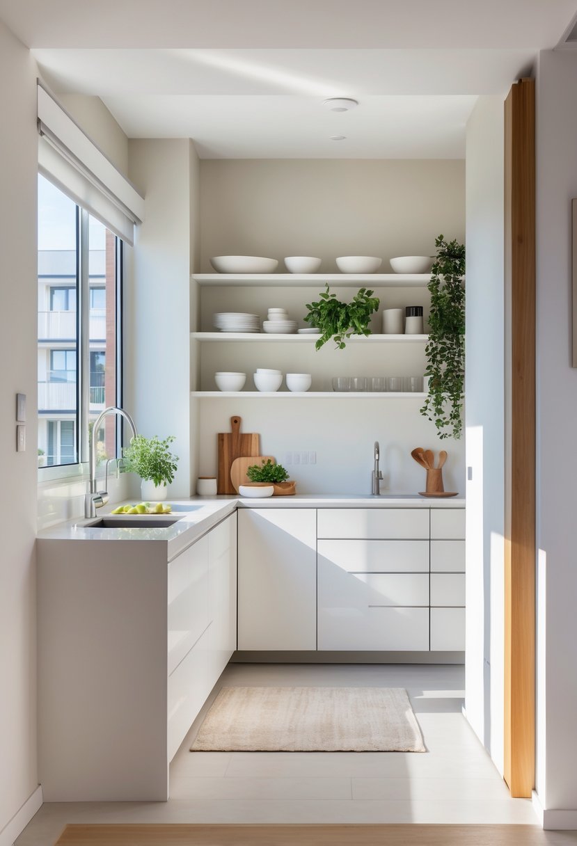 A bright kitchen near an apartment entrance with open shelves holding dishes and kitchen items, featuring natural light and a clean, spacious layout.