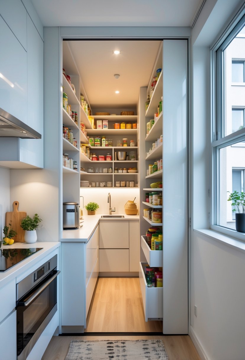 A modern apartment kitchen entrance with an open pantry expanded into an adjacent closet, showing organized shelves and kitchen supplies.