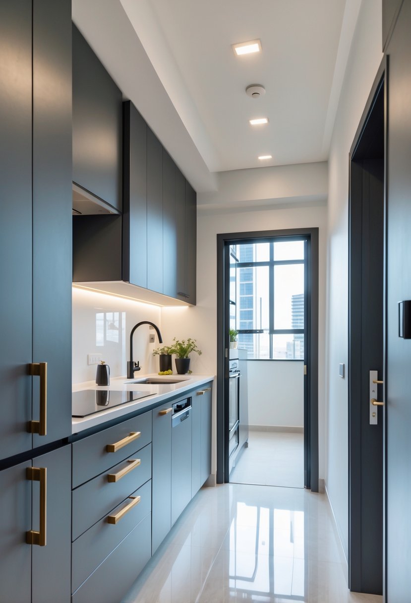 Kitchen near the entrance of an apartment with cabinets featuring strong metal handles and a visible entrance door.
