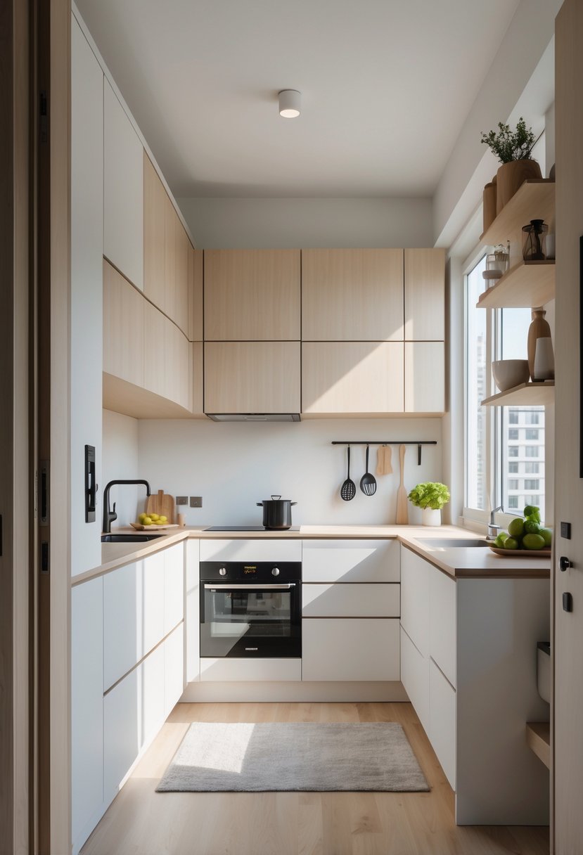 Small apartment kitchen near the entrance with modular cabinets and organized storage.